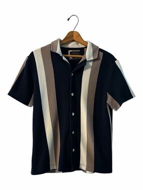 Vertical Stripe Short-Sleeve Button-Down Shirt - Black, Cream & Brown